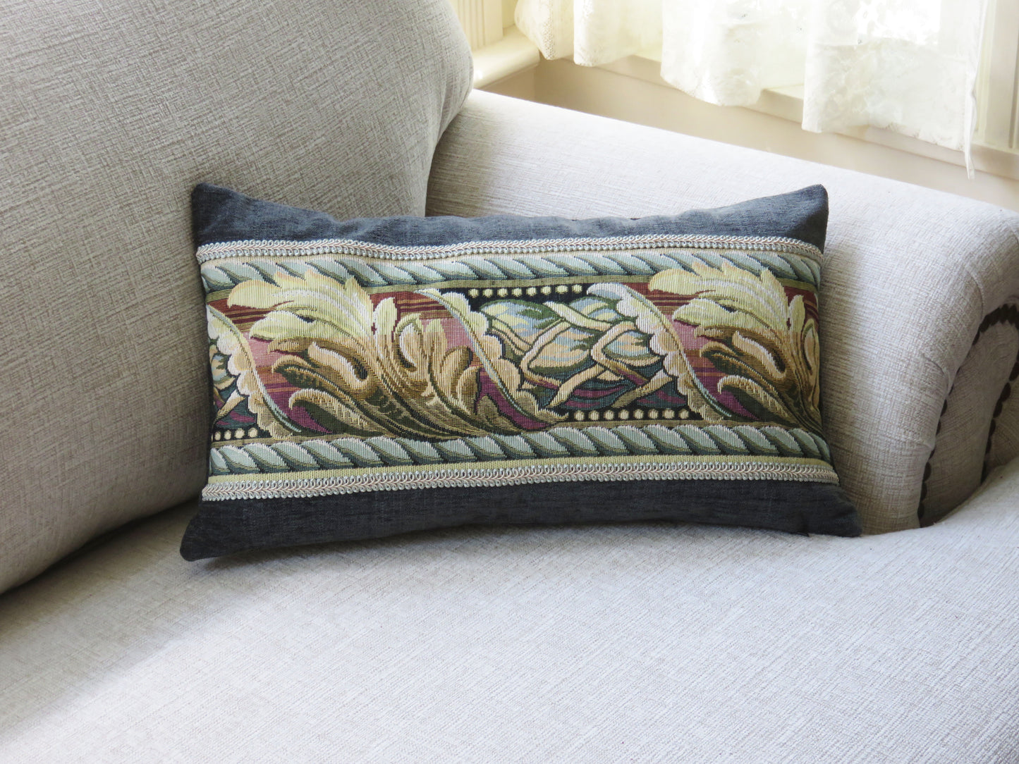 tapestry border pillow cover 11x19 lumbar in dark green