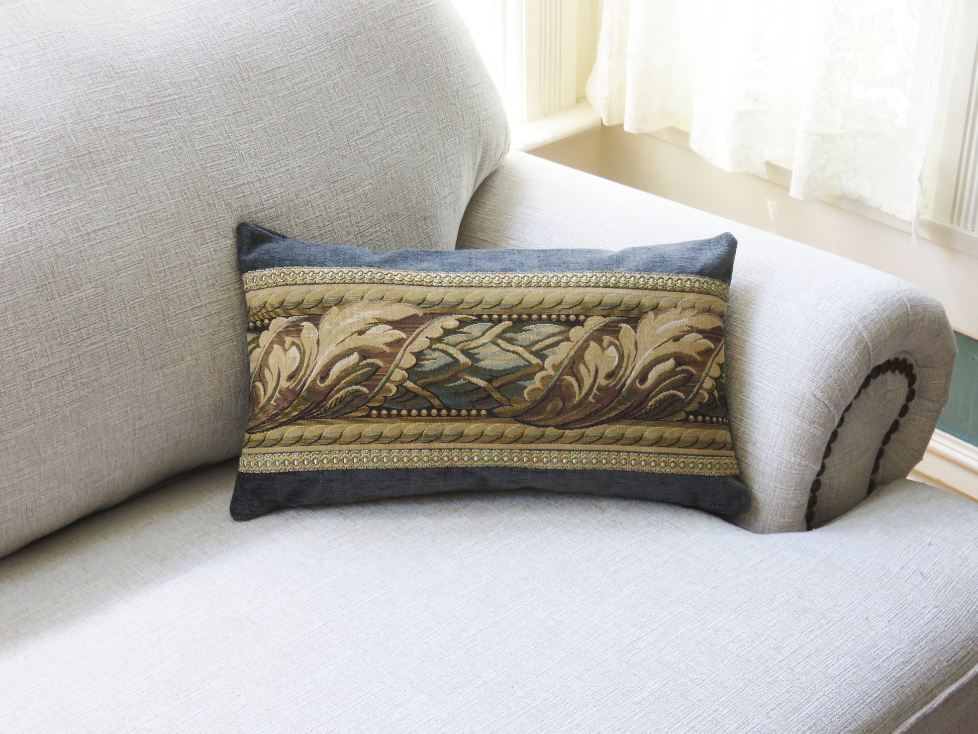 tapestry border pillow cover 11x19 lumbar in dark green