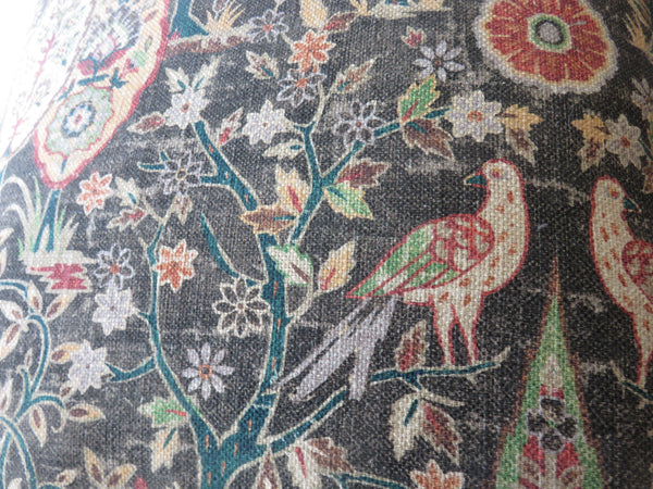 dark grey and colorful fantasy floral and bird pillow cover, made from P Kaufmann Wanderer fabric in Nutmeg