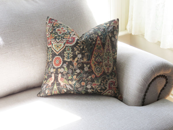 dark grey and colorful fantasy floral and bird pillow cover, made from P Kaufmann Wanderer fabric in Nutmeg