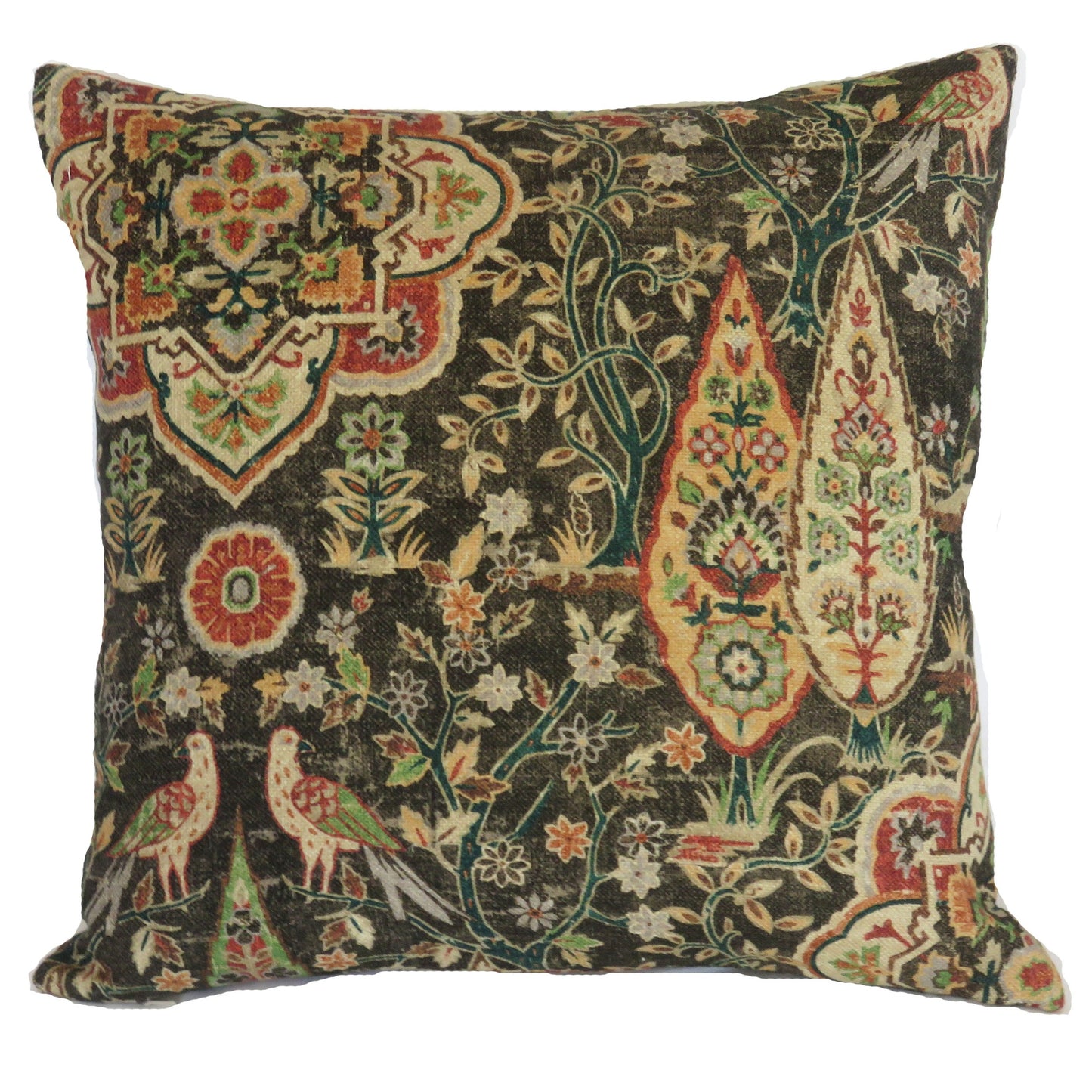 dark grey and colorful fantasy floral and bird pillow cover, made from P Kaufmann Wanderer fabric in Nutmeg