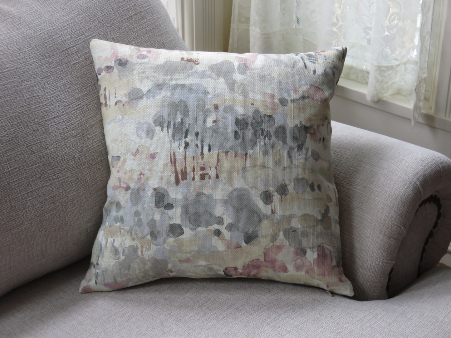 Watercolor Landscape Pillow Cover, Trees and Hills in Cream, Grey, Purple, Pink