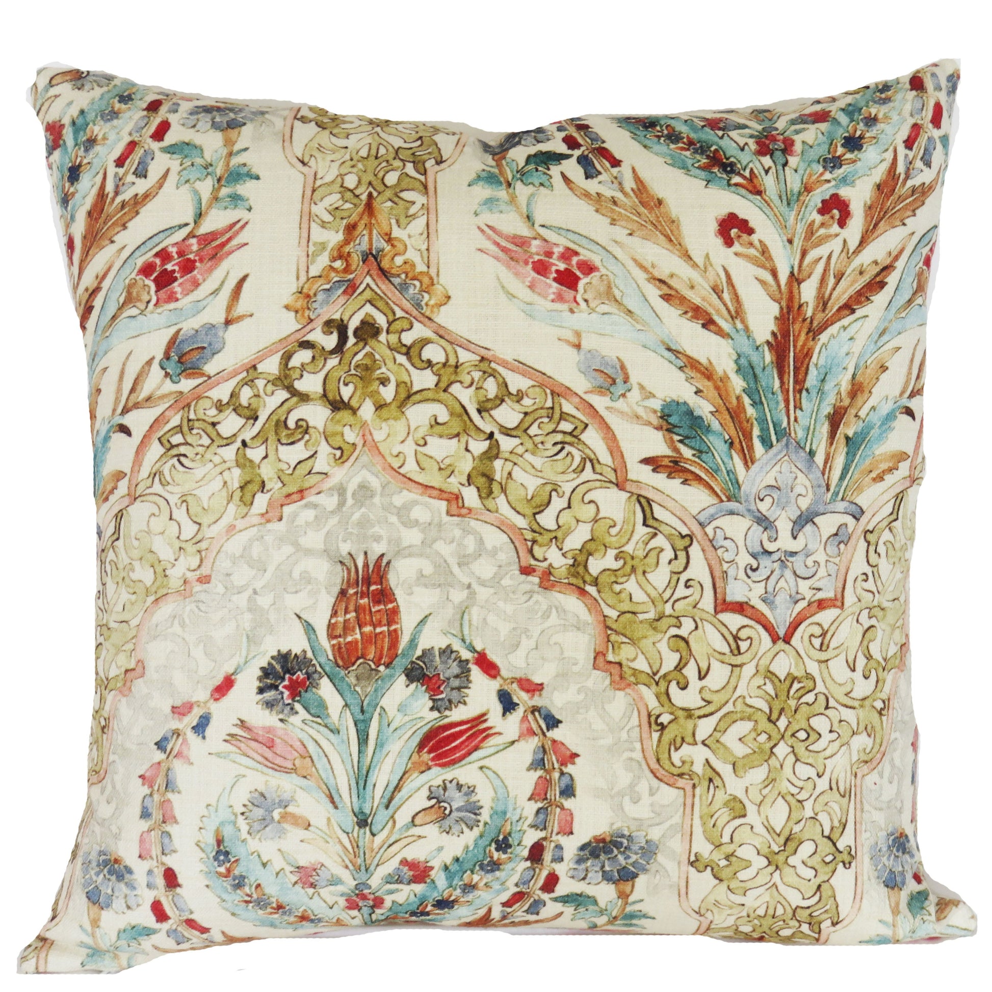 beautiful watercolor printed pillow cover on soft white cotton, featuring floral medallions and fretwork in hades of coral, aqua, red, blue, sage green, and grey