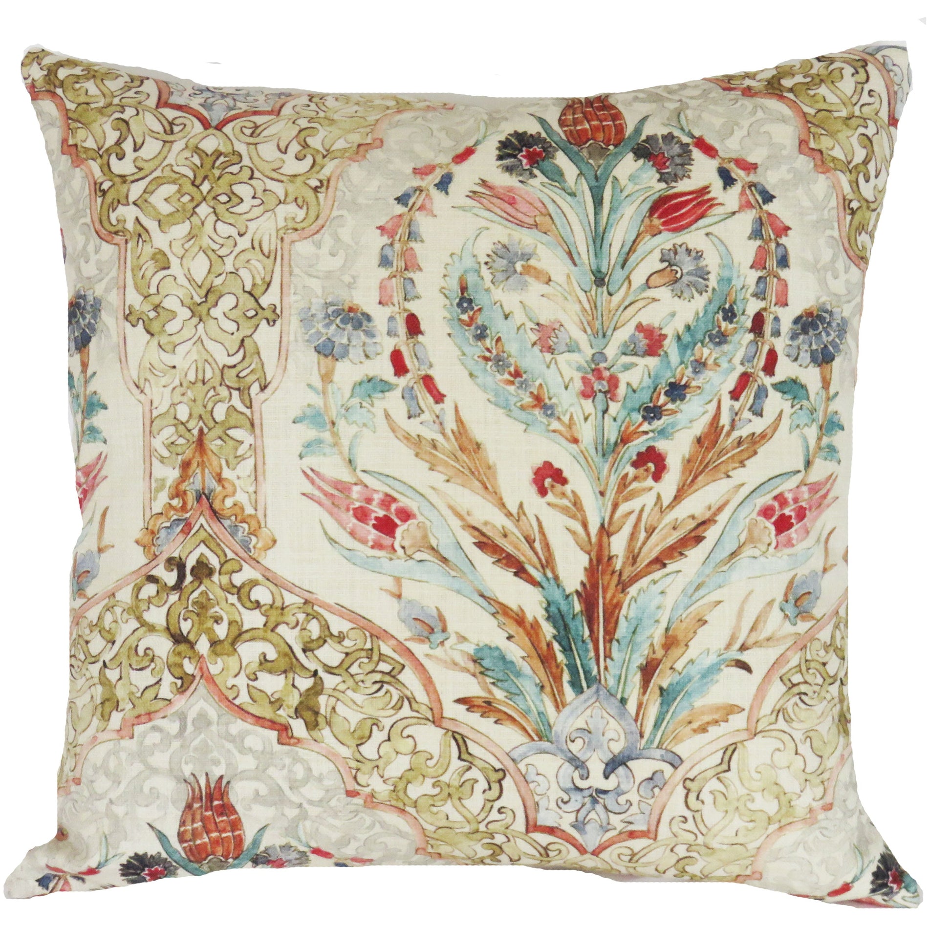 beautiful watercolor printed pillow cover on soft white cotton, featuring floral medallions and fretwork in hades of coral, aqua, red, blue, sage green, and grey