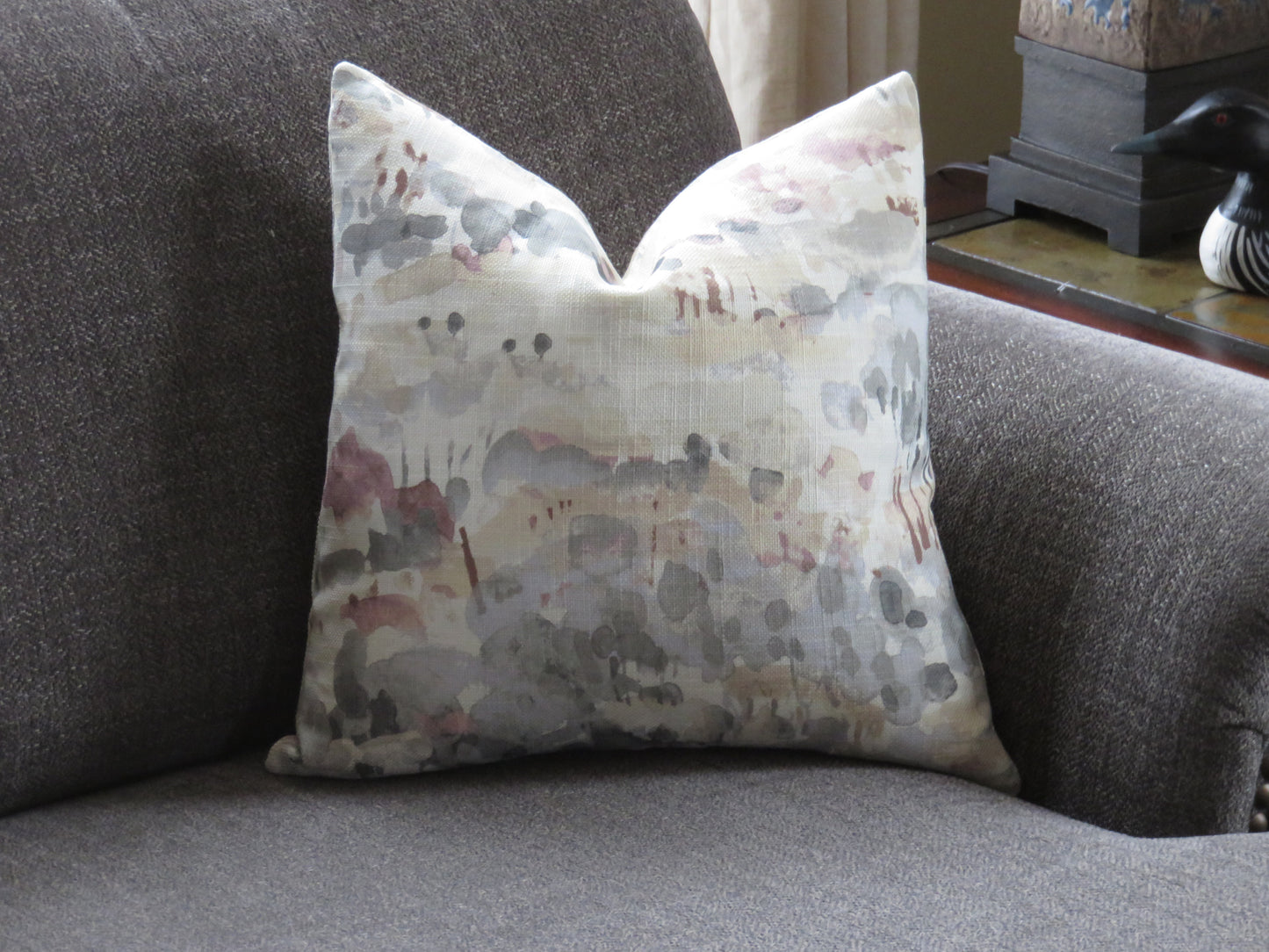 Watercolor Landscape Pillow Cover, Trees and Hills in Cream, Grey, Purple, Pink