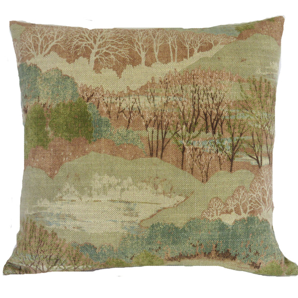 scenic landscape pillow cover in shades of terracotta, green, and blue , with trees, hills, and ponds