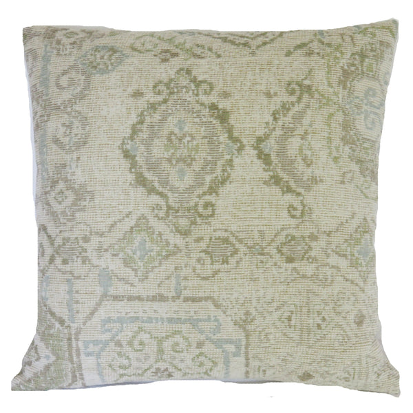 white, taupe, and pale blue kilim motif pillow cover