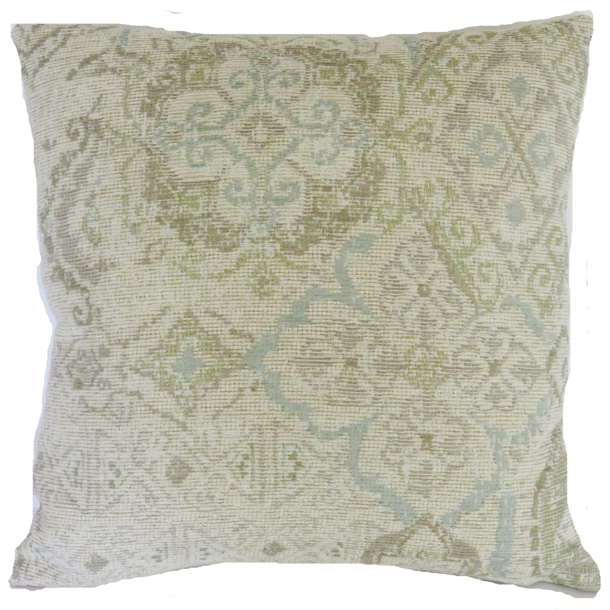 white, taupe, and pale blue kilim motif pillow cover