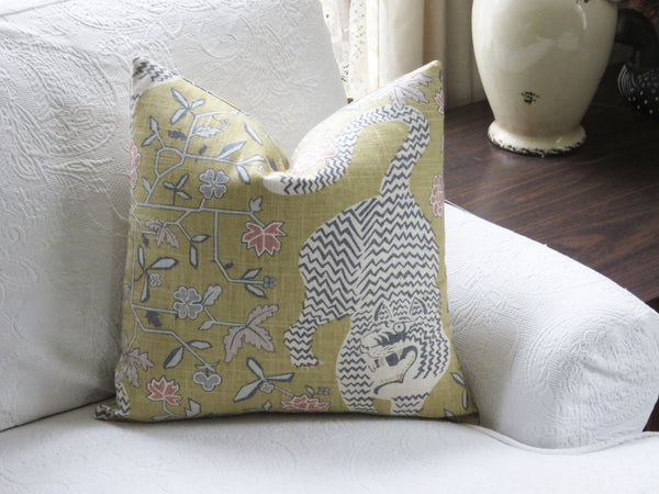 dijon yellow tiger pillow cover made from Richloom theodore in ochre