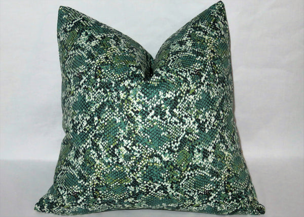 Green Snake Skin Print Pillow Cover, Trompe L'Oeil Reptile, 17" Square Cotton, Zipper