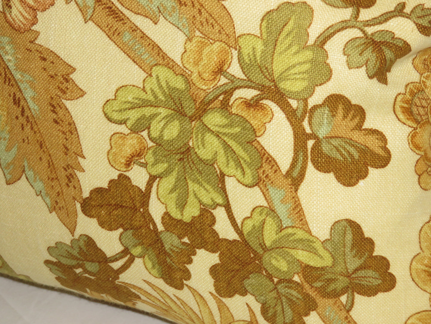 Gold Tones Floral Pillow Cover, 17" Square Linen Blend, Yellow Green Brown Aqua Flowers & Vines