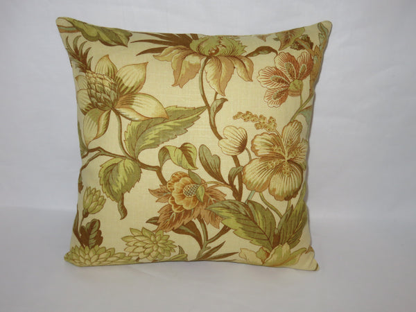 Gold Tones Floral Pillow Cover, 17" Square Linen Blend, Yellow Green Brown Aqua Flowers & Vines