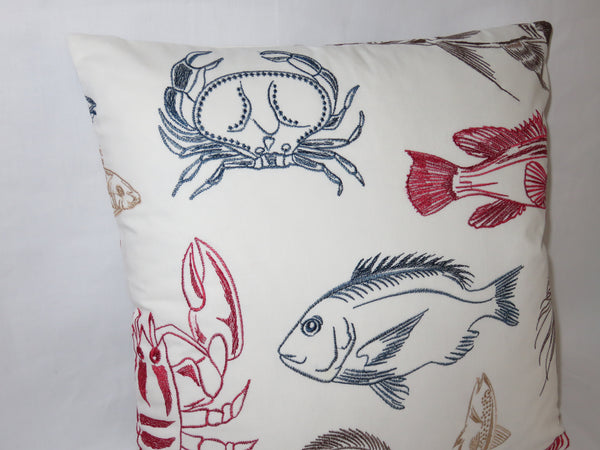 Fish and Crab Pillow Cover, Embroidered White Cotton, 17" Square, Red Navy Gold Brown, Lobster