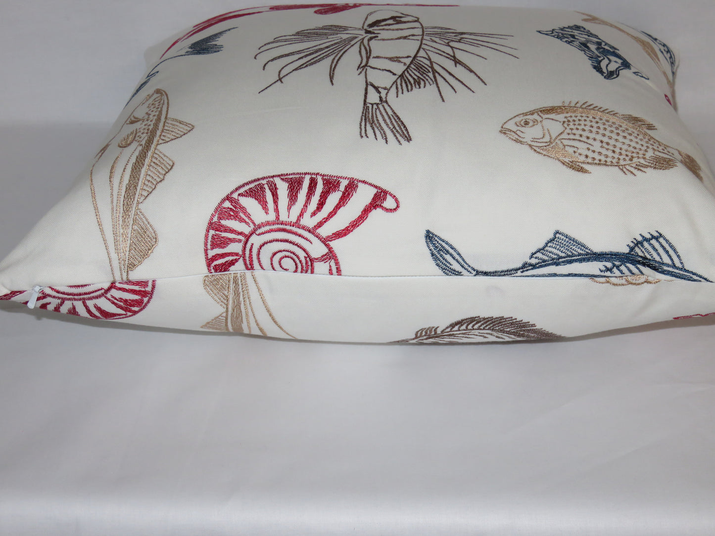 Fish and Crab Pillow Cover, Embroidered White Cotton, 17" Square, Red Navy Gold Brown, Lobster