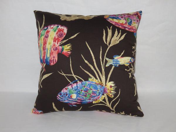 Black Tropical Fish Pillow Cover, Cotton 17" Square, Island Coral Reef, Blue Pink Yellow Purple