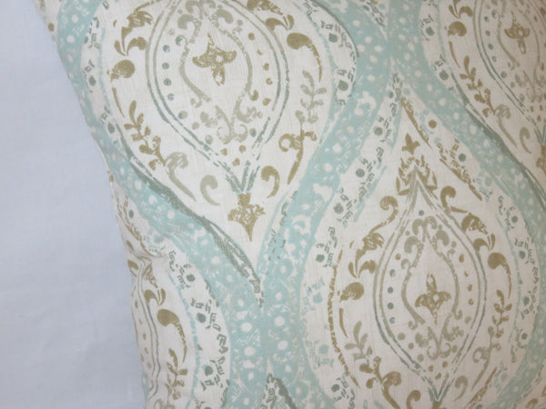 Aqua Tan Medallion Pillow Cover, Pale Blue Ogee Paisley, Distressed Look, 17" Cotton Square