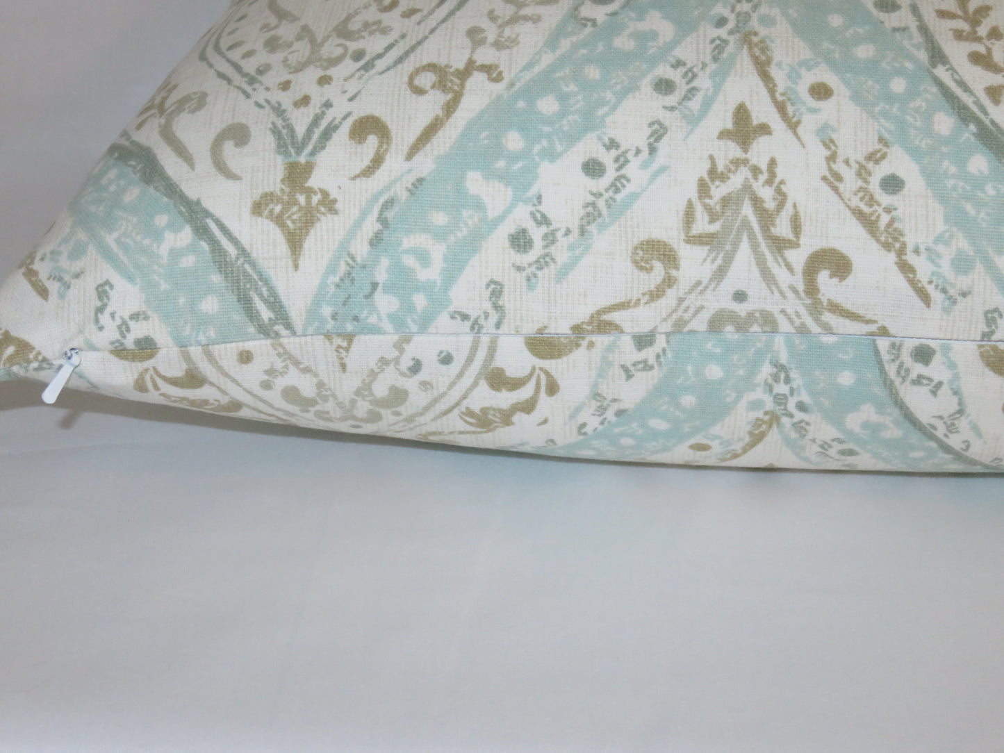 Aqua Tan Medallion Pillow Cover, Pale Blue Ogee Paisley, Distressed Look, 17" Cotton Square