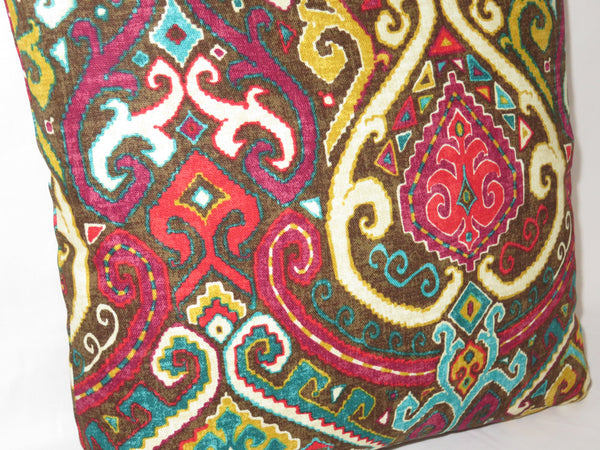 Colorful Medallion Pillow Cover, Waverly Fabric, Brown Magenta Turquoise Fuchsia Gold, 17" Cotton