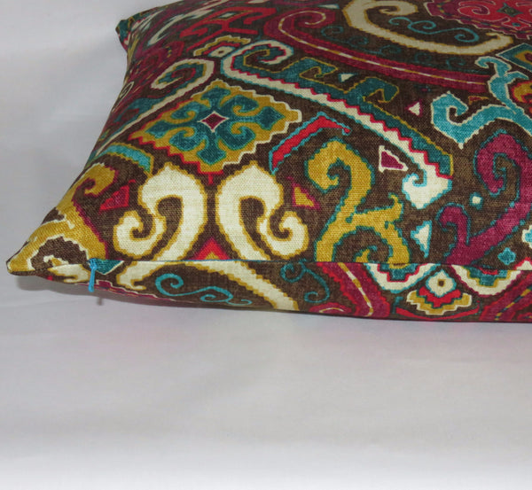 Colorful Medallion Pillow Cover, Waverly Fabric, Brown Magenta Turquoise Fuchsia Gold, 17" Cotton