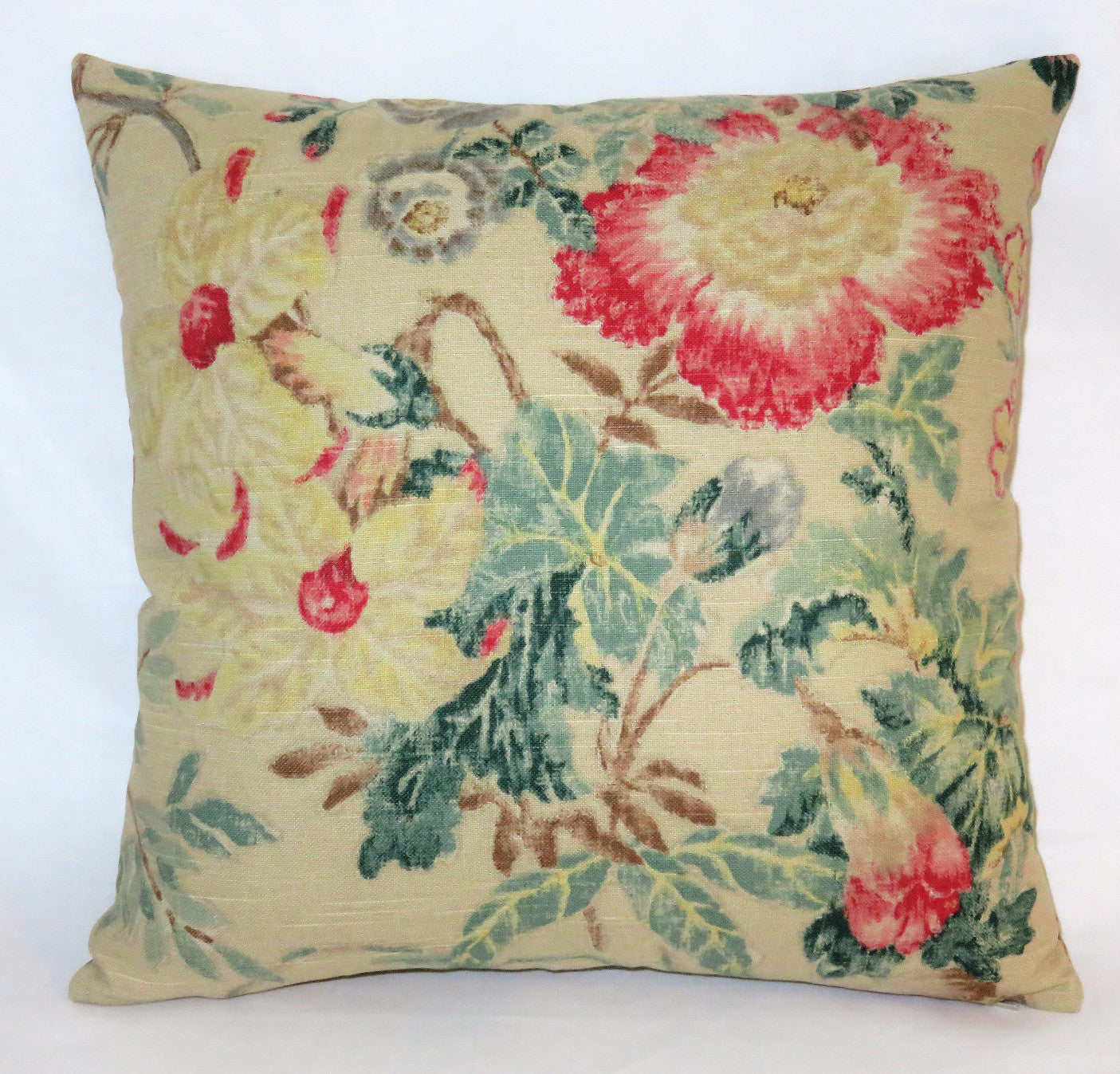 Tan pink teal floral pillow