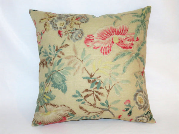 Beige Pink Teal Floral Pillow Cover, 17" Square Cotton, Yellow Green Brown, Vintage Look Flowers
