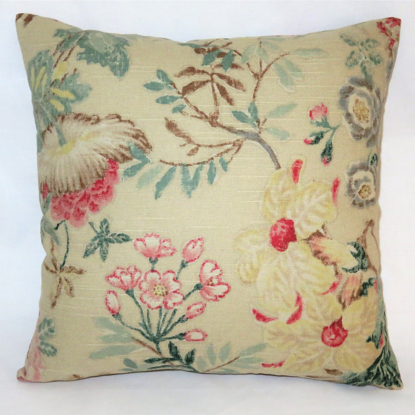 Beige Pink Teal Floral Pillow Cover, 17" Square Cotton, Yellow Green Brown, Vintage Look Flowers