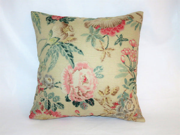 Beige Pink Teal Floral Pillow Cover, 17" Square Cotton, Yellow Green Brown, Vintage Look Flowers