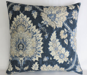 navy blue ivory beige floral medallion pillow