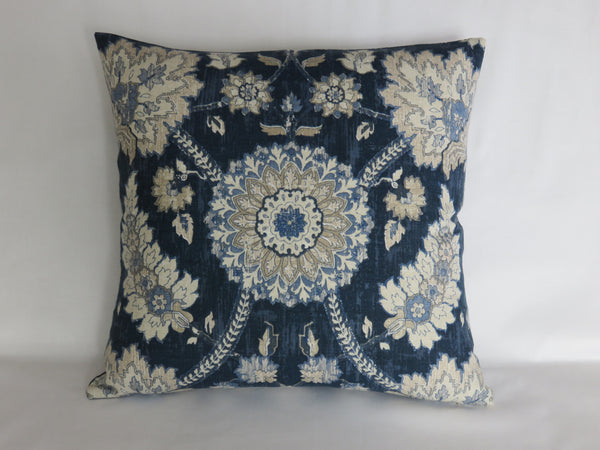 navy blue ivory beige floral medallion pillow