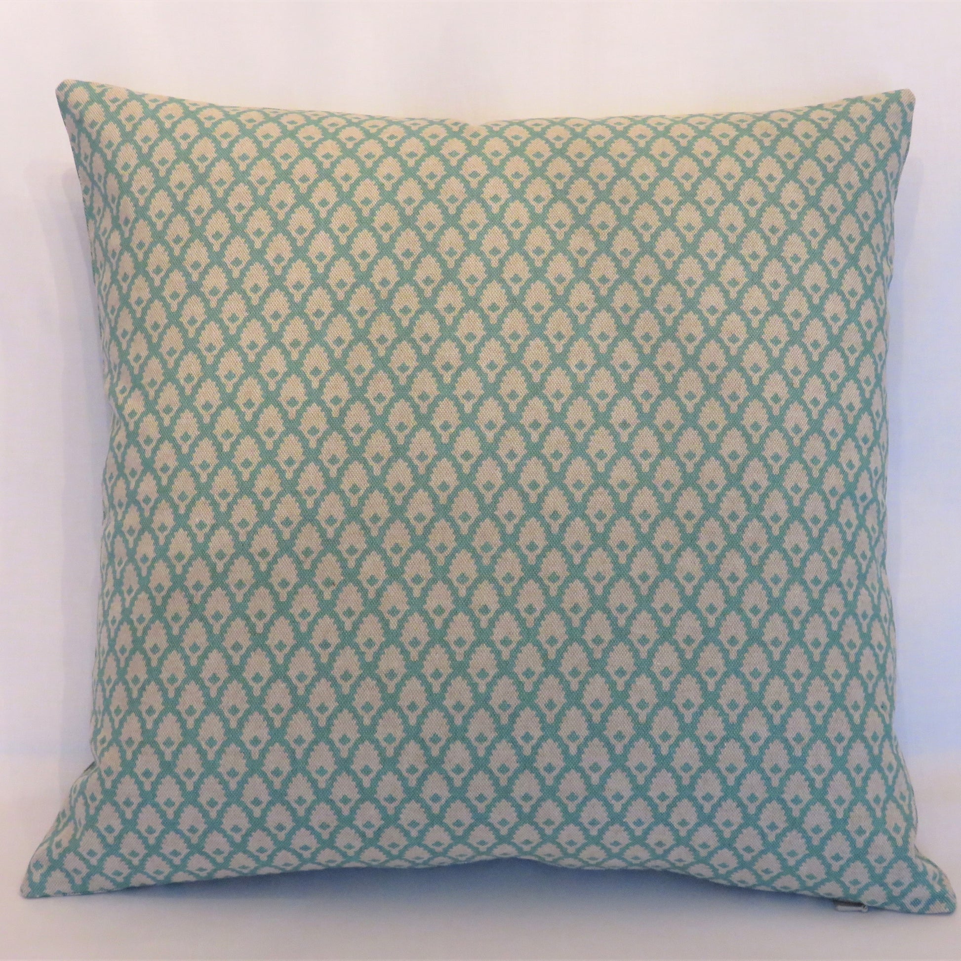 turquoise and beige mini print pillow cover of Lacefield calais