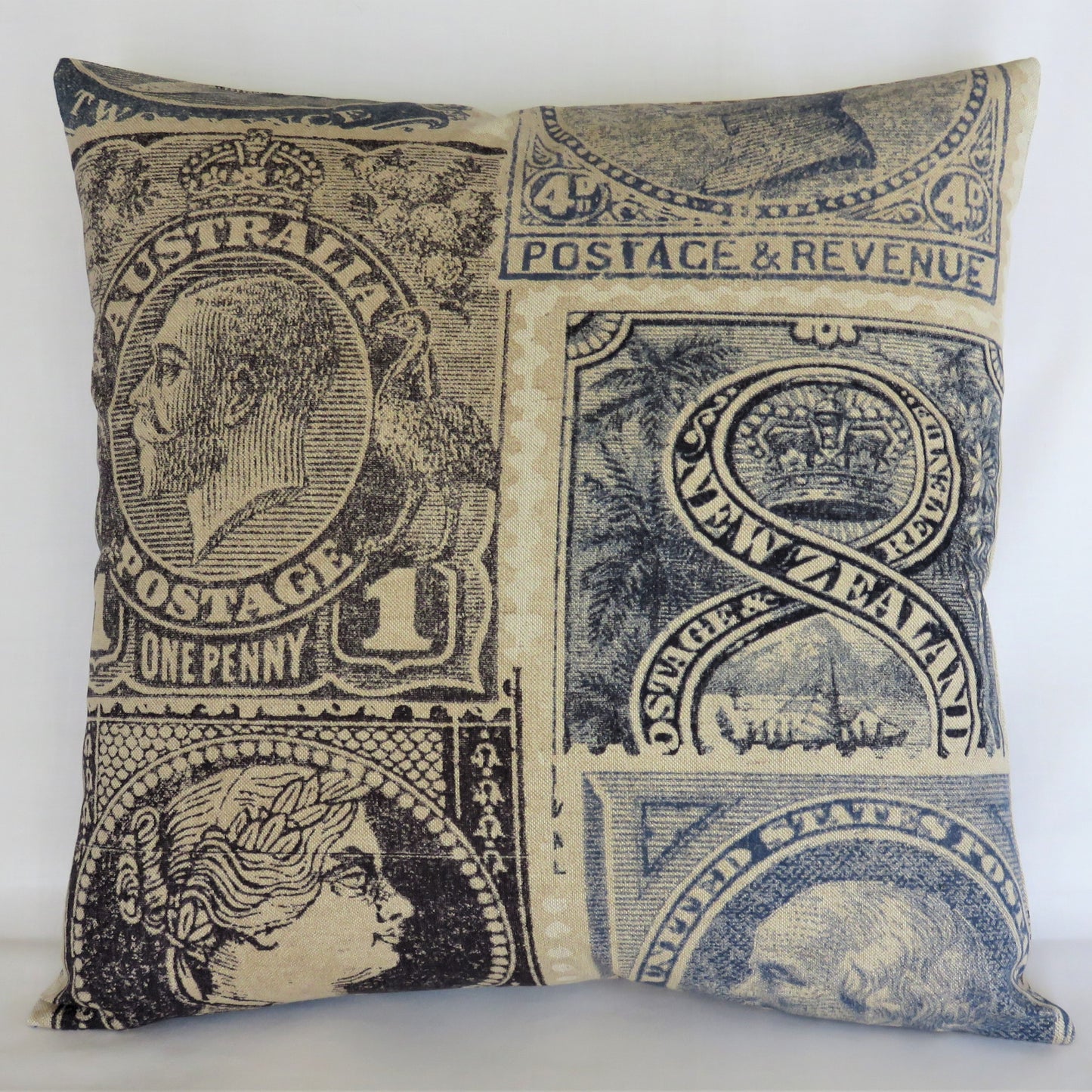 Indigo Stamp Pillow Cover, Philatelist, Collector Gift