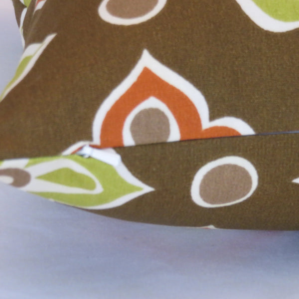 Brown Mod Floral Pillow Cover,  Retro Geometric with Lime and Orange