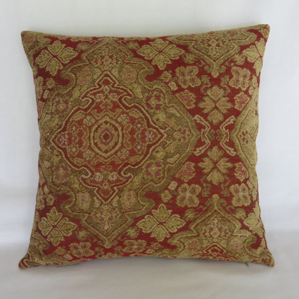 Tomato red and gold pillow cover medallion chenille tapestry
