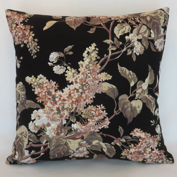 pink lilacs on black barkcloth pillow cover, vintage cotton
