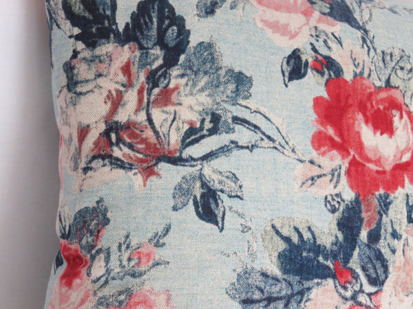pink & red roses on chambray blue pillow