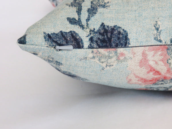 pink & red roses on chambray blue pillow