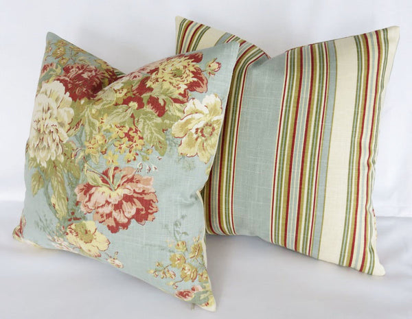 aqua floral and stripe pillow cover reversible