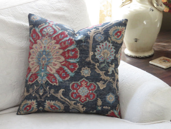 red and blue medallion pillow cover made from Covington Bashir fabric in ink