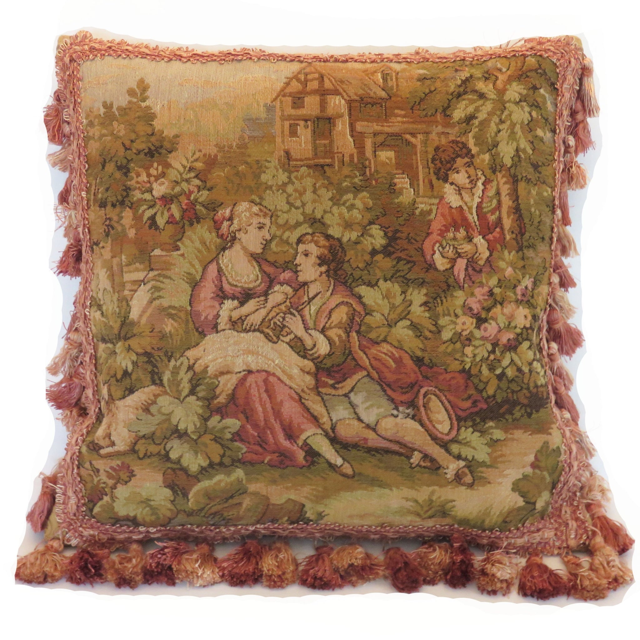 belgian tapestry pillow cover with pink tassel fringe A