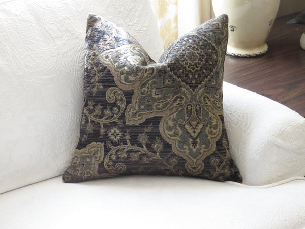 black grey blue medallion pillow cover
