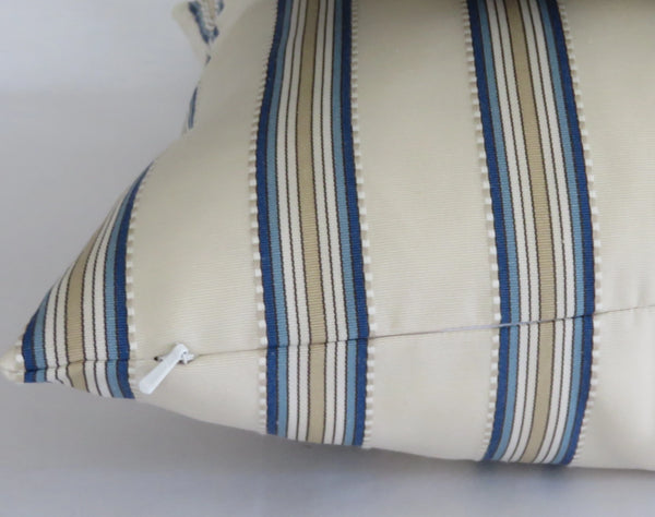blue tan cream striped pillow cover