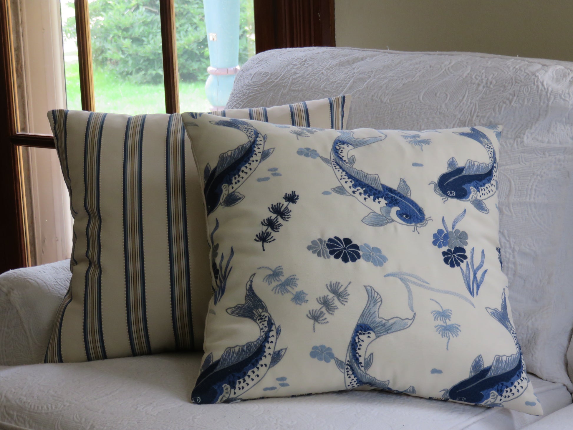 embroidered koi pillow cover in blue and white