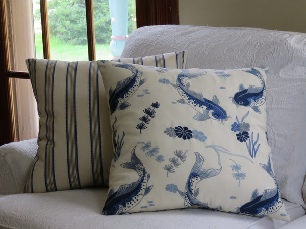 embroidered koi pillow cover in blue and white