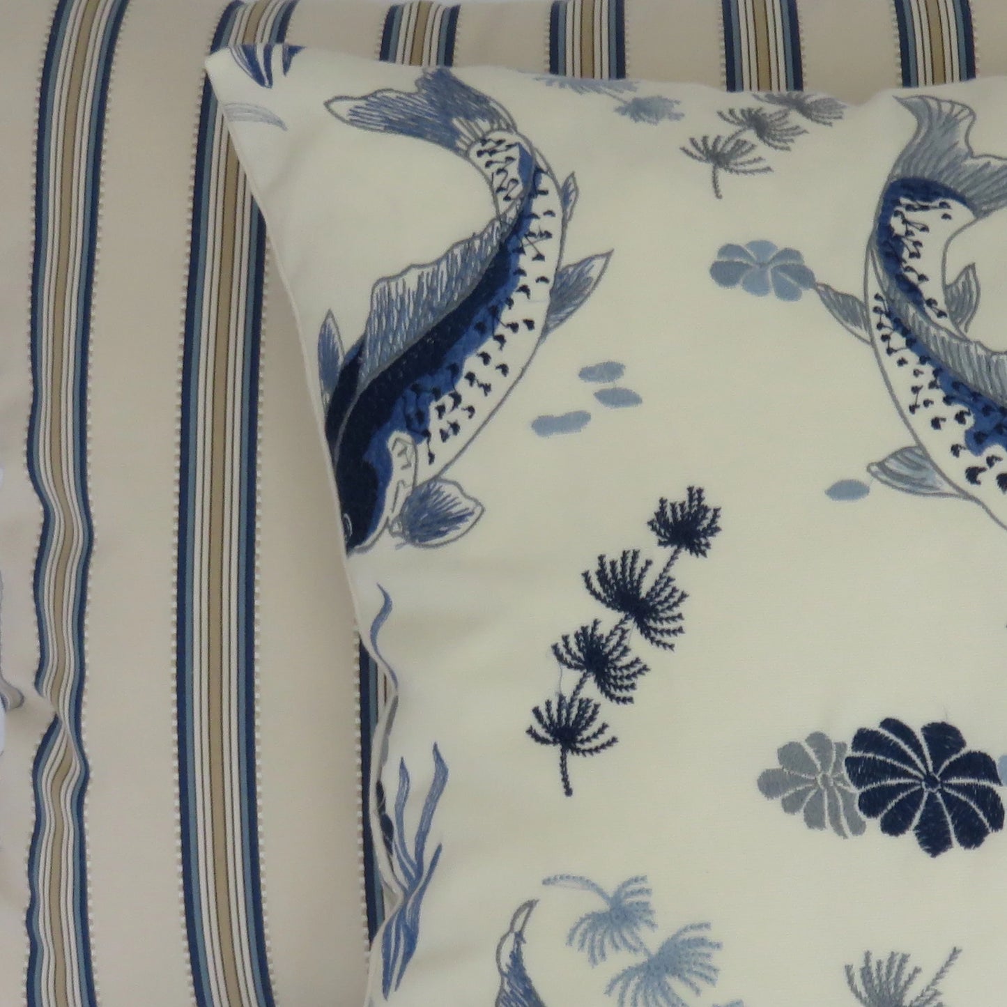 embroidered koi pillow cover in blue and white