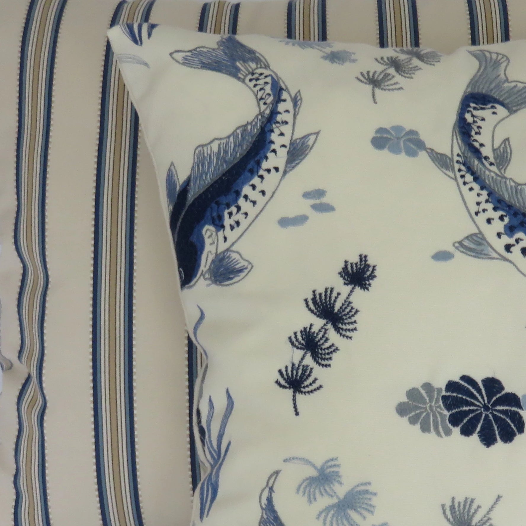 embroidered koi pillow cover in blue and white