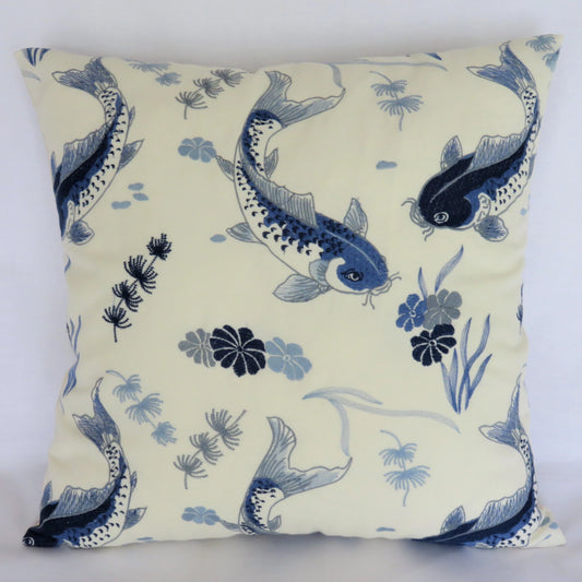 embroidered koi pillow cover in blue and white