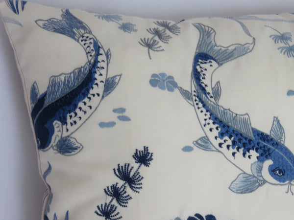 embroidered koi pillow cover in blue and white