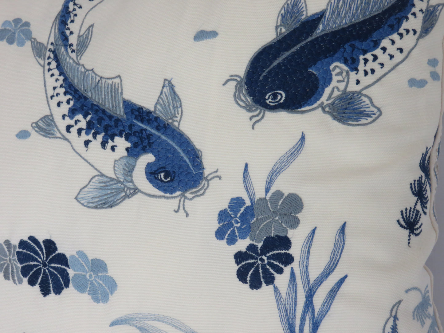 embroidered koi pillow cover in blue and white