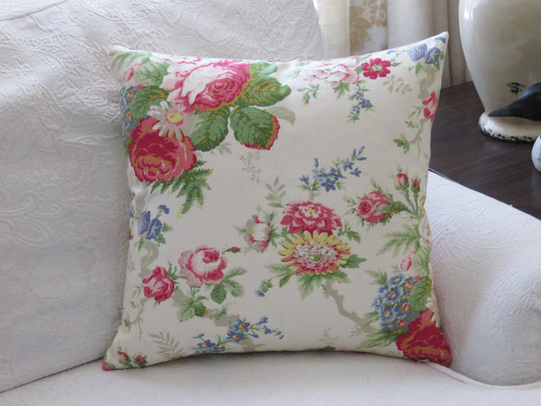 colorful floral pillow cover on white cotton, made from discontinued ralph lauren garden floral fabric