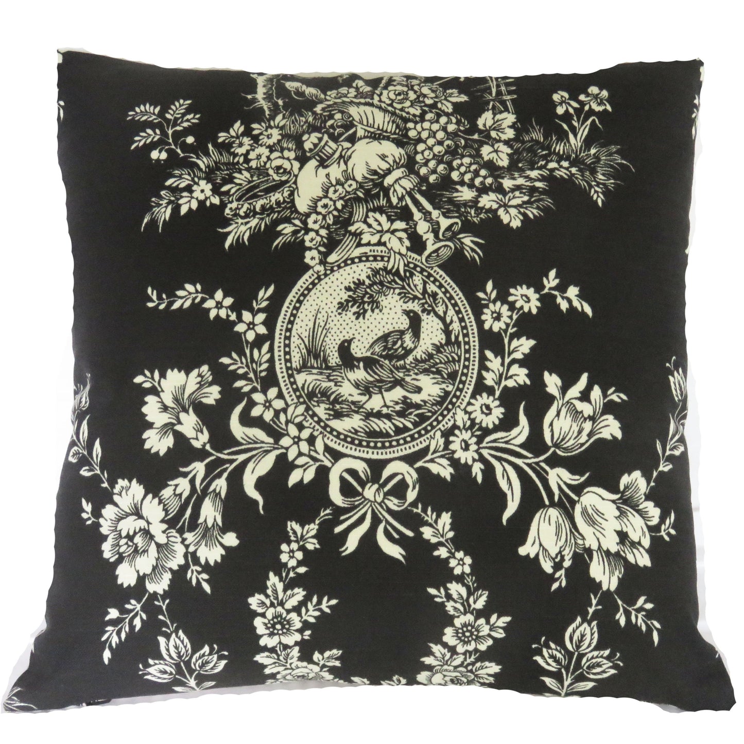 Country house toile noir black and white all cotton  pillow cover with ticking stripe back